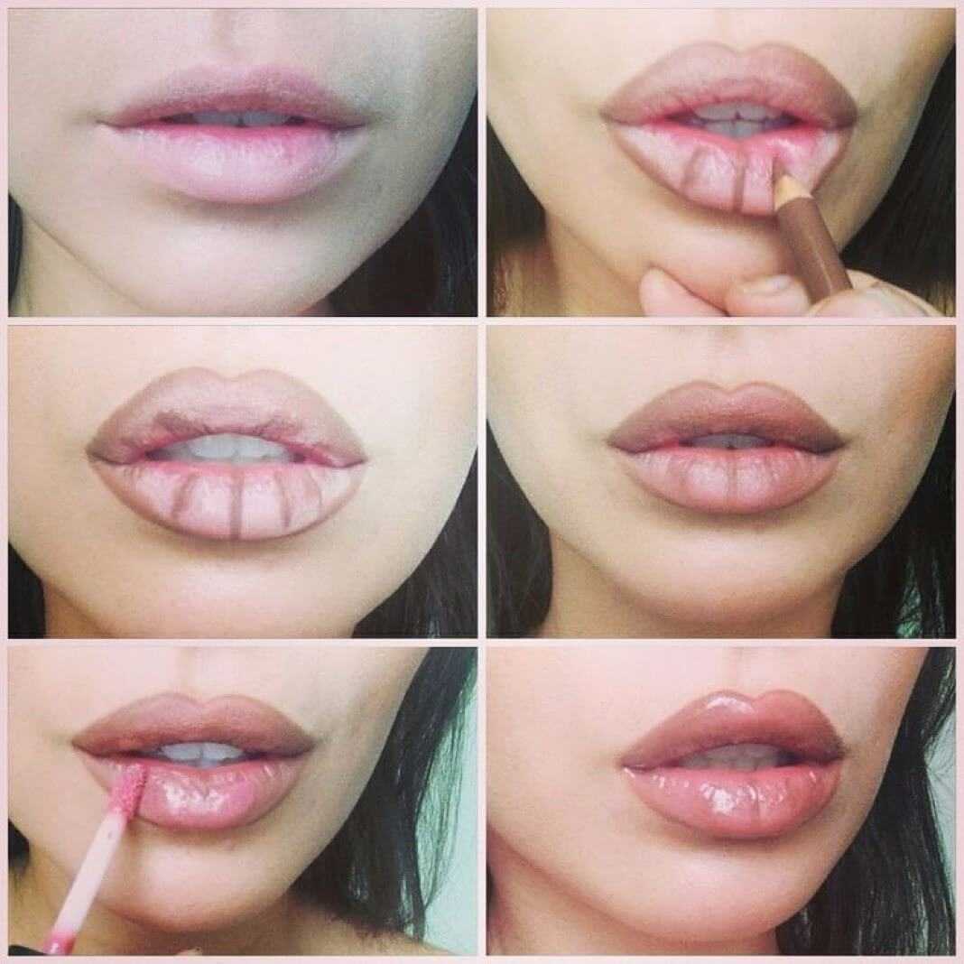Макияж губ. Макияж для увеличения губ. Объемные губы макияж. Губы накрашенные карандашом.